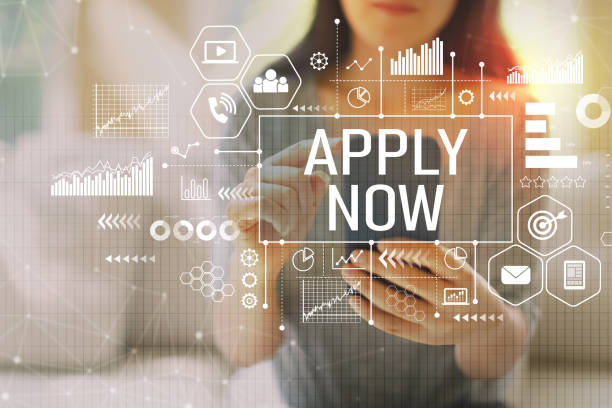 apply now with woman using her smartphone on a couch
